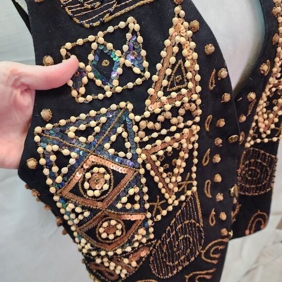 Modi Denim Vintage Sequin Applique Button Front Vest Size Medium - Picture 3 of 8
